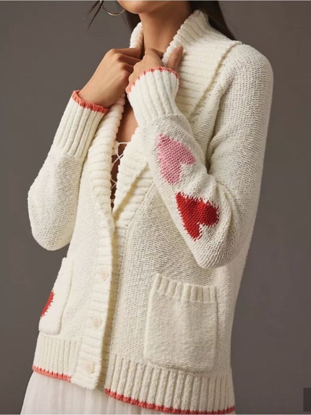 Anthropologie Maeve Ivory Heart-Detail Cardigan Sweater